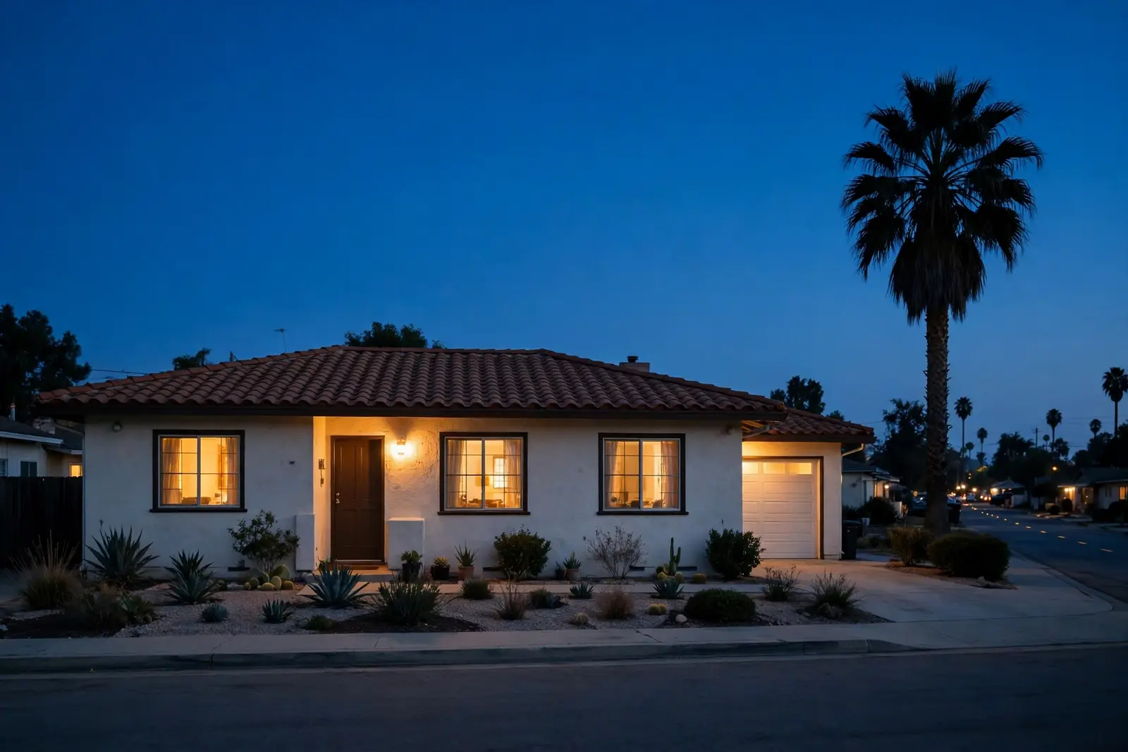 A South Bay home at dusk with warm lights on