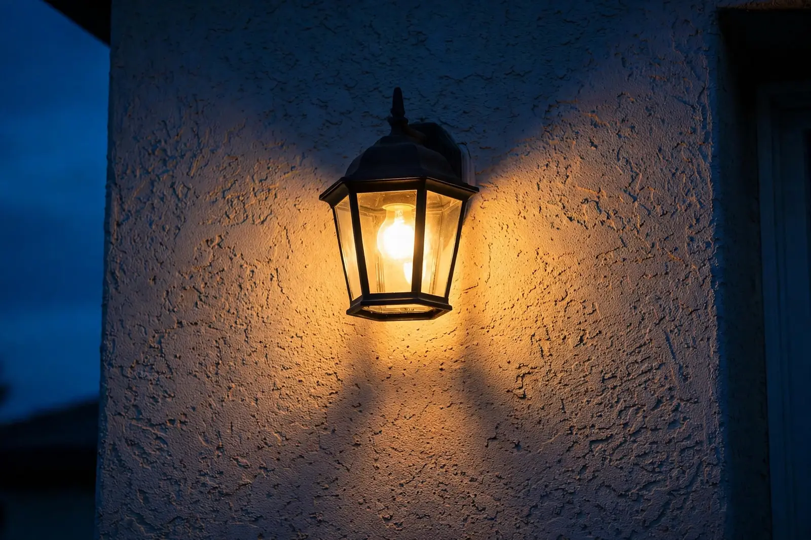 A porch light glowing warm at dusk